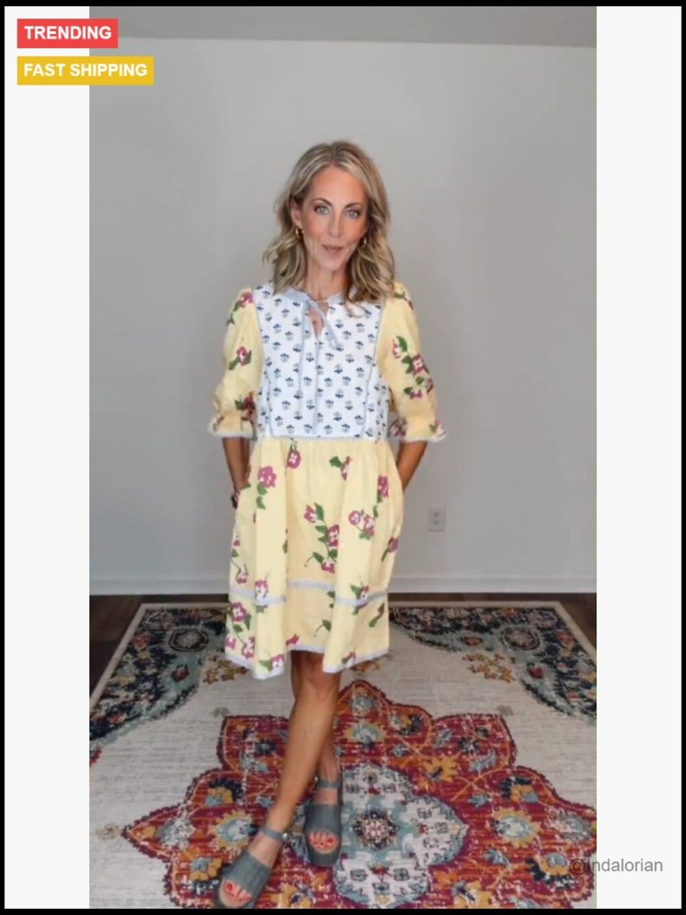 Floral Mini Dress with Puff Sleeves, V-Neck, and Patchwork Detail - Picture 6 of 7